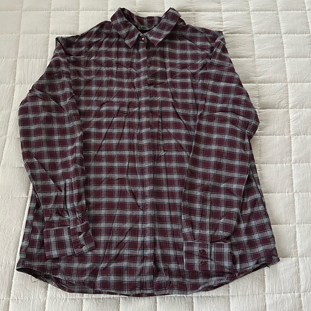 ZARA OVERSIZED CHECKED PLAID BUTTON DOWN SHIRT BLOUSE TOP BURGUNDY